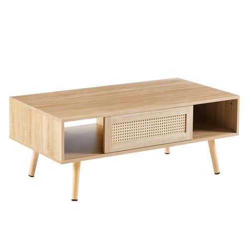 Table Basse Salon Avec Porte Coulissante En Rotin, Couleurs Bois Naturel 105x55x41.5 Cm