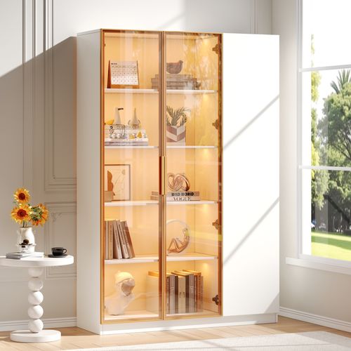 Vitrine LED 3 Portes Blanche Avec 3 Étagères Réglables - Rangement Pour Salon, Collections