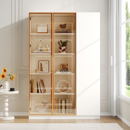 Vitrine LED 3 Portes Blanche Avec 3 Étagères Réglables - Rangement Pour Salon, Collections