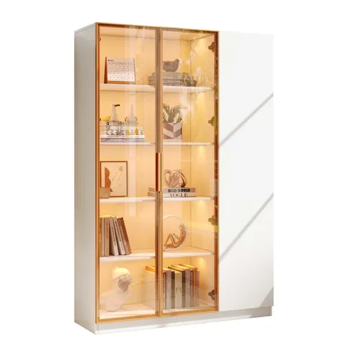 Vitrine LED 3 Portes Blanche Avec 3 Étagères Réglables - Rangement Pour Salon, Collections