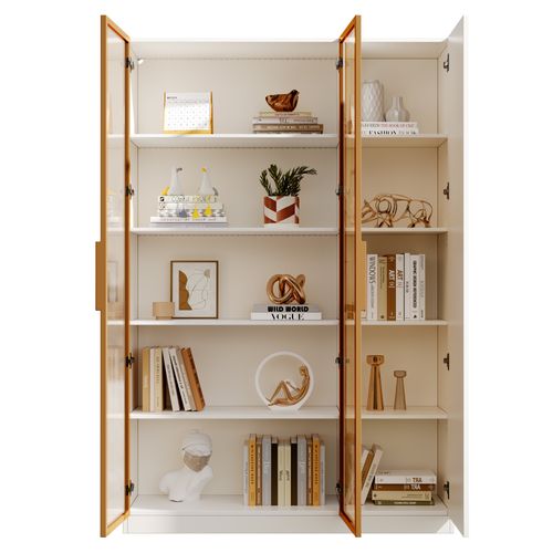 Vitrine LED 3 Portes Blanche Avec 3 Étagères Réglables - Rangement Pour Salon, Collections