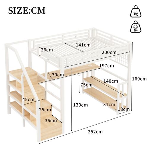 Lit Mezzanine Adulte 140x200 Cm Métal Blanc Avec Bureau, LED, Ports USB/type-c
