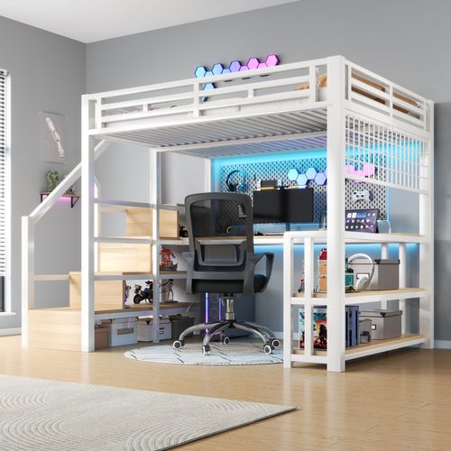 Lit Mezzanine Adulte 140x200 Cm Métal Blanc Avec Bureau, LED, Ports USB/type-c