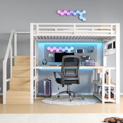 Lit Mezzanine Adulte 140x200 Cm Métal Blanc Avec Bureau, LED, Ports USB/type-c