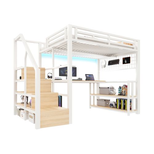Lit Mezzanine Adulte 140x200 Cm Métal Blanc Avec Bureau, LED, Ports USB/type-c