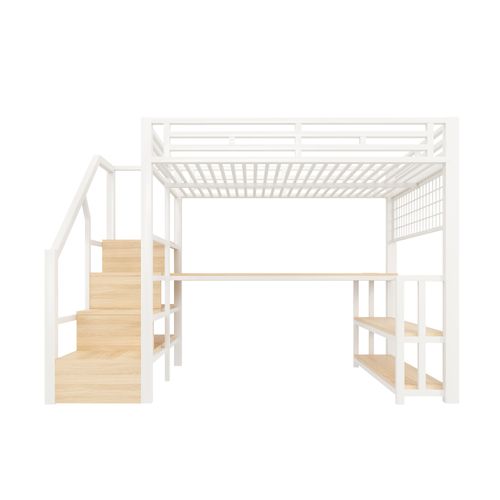 Lit Mezzanine Adulte 140x200 Cm Métal Blanc Avec Bureau, LED, Ports USB/type-c