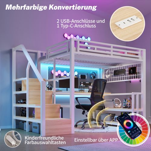 Lit Mezzanine Adulte 140x200 Cm Métal Blanc Avec Bureau, LED, Ports USB/type-c