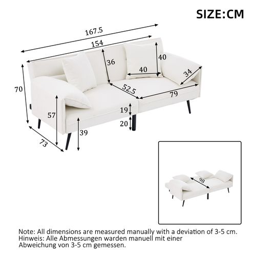 Canapé Convertible 2 Places Dossier Réglable 100°-180° Tissu Blanc 167,5x73x70 Cm