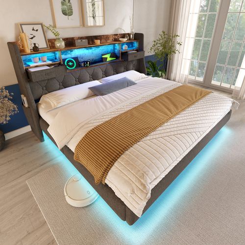 Lit Adulte 140x190 Cm, LED, Ports USB/type-c, Tête De Lit Avec Rangements, Lin Gris