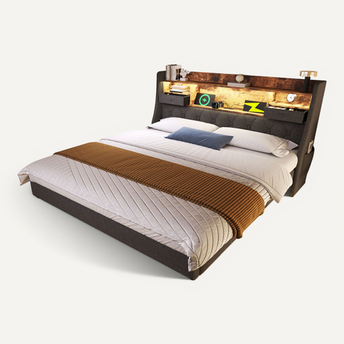 Lit Adulte 140x190 Cm, LED, Ports USB/type-c, Tête De Lit Avec Rangements, Lin Gris