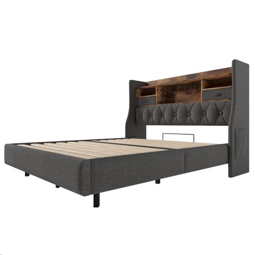 Lit Adulte 140x190 Cm, LED, Ports USB/type-c, Tête De Lit Avec Rangements, Lin Gris