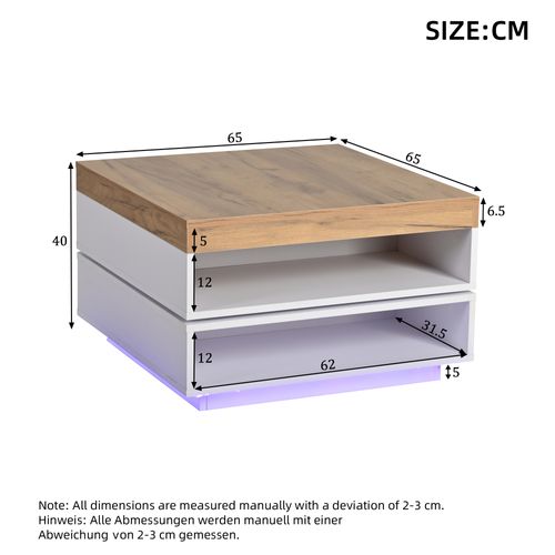 Table Basse Carrée Pivotante 360° 65x65x40 Cm Avec LED Et Rangements, Blanc Et Bois