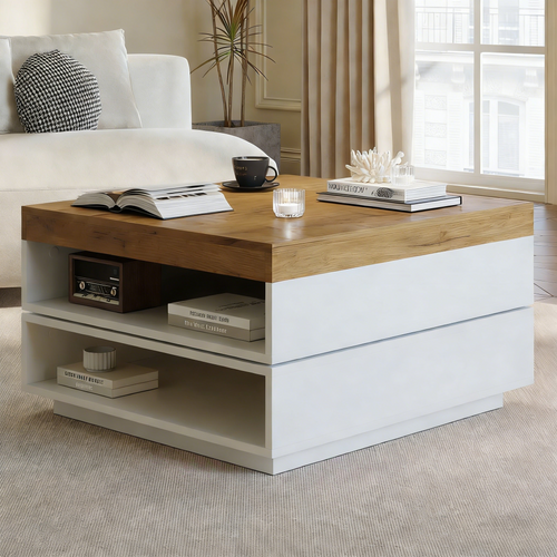 Table Basse Carrée Pivotante 360° 65x65x40 Cm Avec LED Et Rangements, Blanc Et Bois