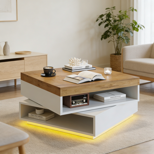 Table Basse Carrée Pivotante 360° 65x65x40 Cm Avec LED Et Rangements, Blanc Et Bois