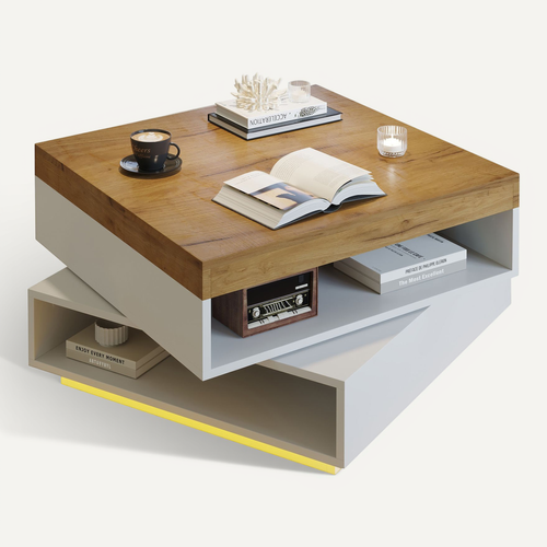 Table Basse Carrée Pivotante 360° 65x65x40 Cm Avec LED Et Rangements, Blanc Et Bois