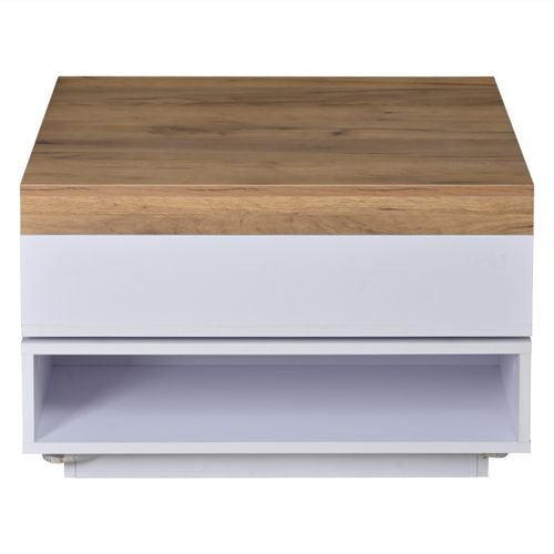 Table Basse Carrée Pivotante 360° 65x65x40 Cm Avec LED Et Rangements, Blanc Et Bois