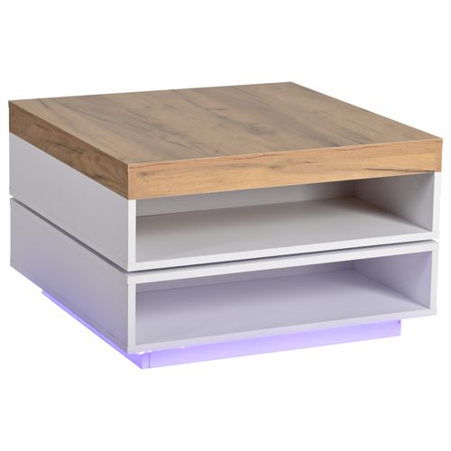 Table Basse Carrée Pivotante 360° 65x65x40 Cm Avec LED Et Rangements, Blanc Et Bois