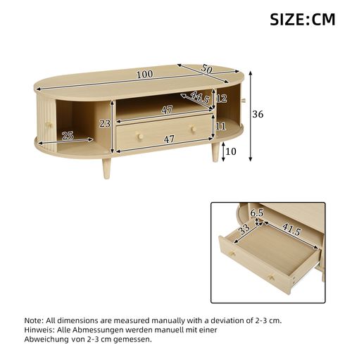 Table Basse Ovale 100x50x36 Cm Avec Niche Ouverte, Tiroir Et Portes Roulantes, Bois Chêne