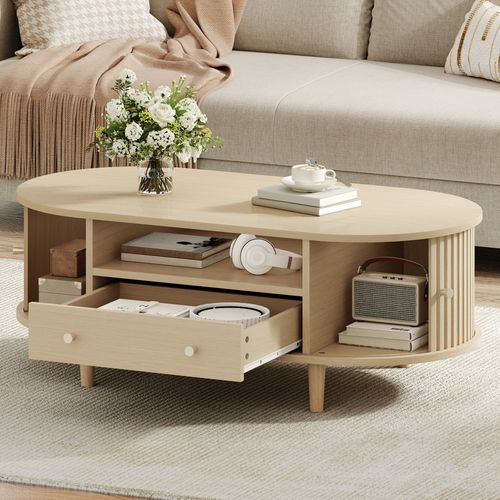Table Basse Ovale 100x50x36 Cm Avec Niche Ouverte, Tiroir Et Portes Roulantes, Bois Chêne