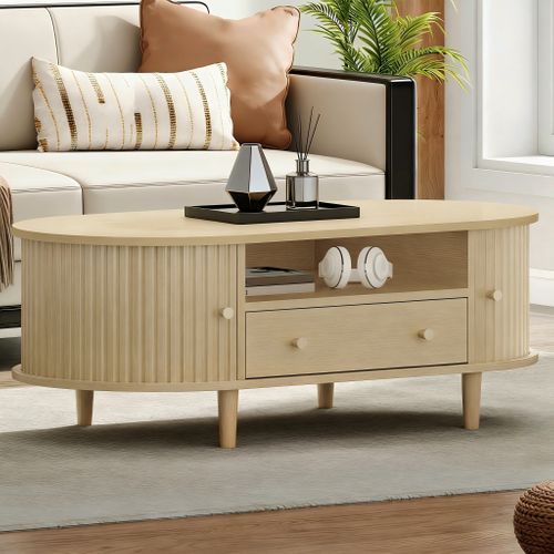 Table Basse Ovale 100x50x36 Cm Avec Niche Ouverte, Tiroir Et Portes Roulantes, Bois Chêne