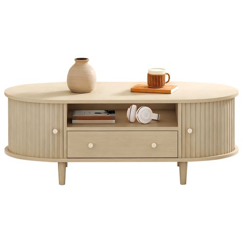 Table Basse Ovale 100x50x36 Cm Avec Niche Ouverte, Tiroir Et Portes Roulantes, Bois Chêne