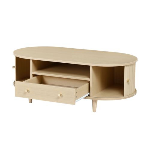 Table Basse Ovale 100x50x36 Cm Avec Niche Ouverte, Tiroir Et Portes Roulantes, Bois Chêne