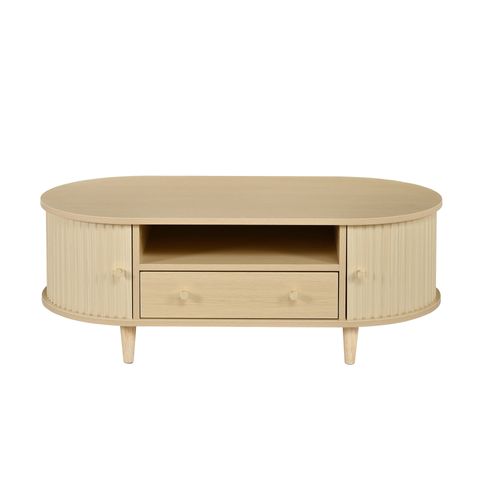 Table Basse Ovale 100x50x36 Cm Avec Niche Ouverte, Tiroir Et Portes Roulantes, Bois Chêne
