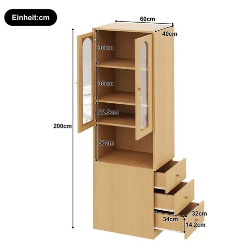 Vitrine Bibliothèque LED 60x40x200 Cm Bois Chêne Avec 3 Tiroirs Et 2 Portes En Verre Trempé