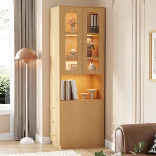 Vitrine Bibliothèque LED 60x40x200 Cm Bois Chêne Avec 3 Tiroirs Et 2 Portes En Verre Trempé