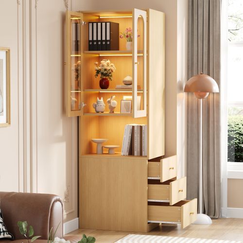 Vitrine Bibliothèque LED 60x40x200 Cm Bois Chêne Avec 3 Tiroirs Et 2 Portes En Verre Trempé