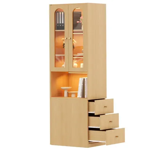 Vitrine Bibliothèque LED 60x40x200 Cm Bois Chêne Avec 3 Tiroirs Et 2 Portes En Verre Trempé