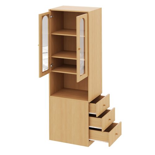 Vitrine Bibliothèque LED 60x40x200 Cm Bois Chêne Avec 3 Tiroirs Et 2 Portes En Verre Trempé