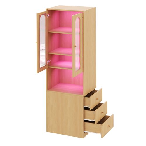 Vitrine Bibliothèque LED 60x40x200 Cm Bois Chêne Avec 3 Tiroirs Et 2 Portes En Verre Trempé
