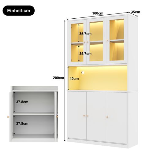 Vitrine Bibliothèque En Verre LED Et 6 Portes, Blanc 100x35x200 Cm
