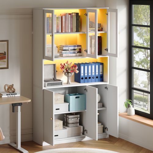 Vitrine Bibliothèque En Verre LED Et 6 Portes, Blanc 100x35x200 Cm