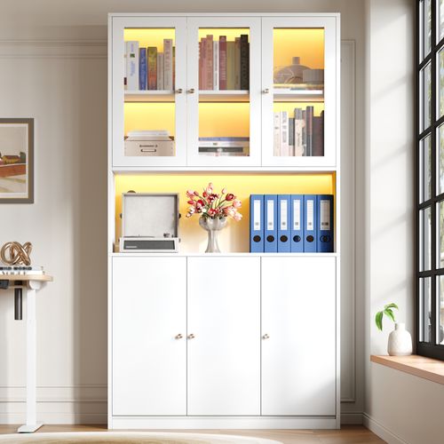 Vitrine Bibliothèque En Verre LED Et 6 Portes, Blanc 100x35x200 Cm