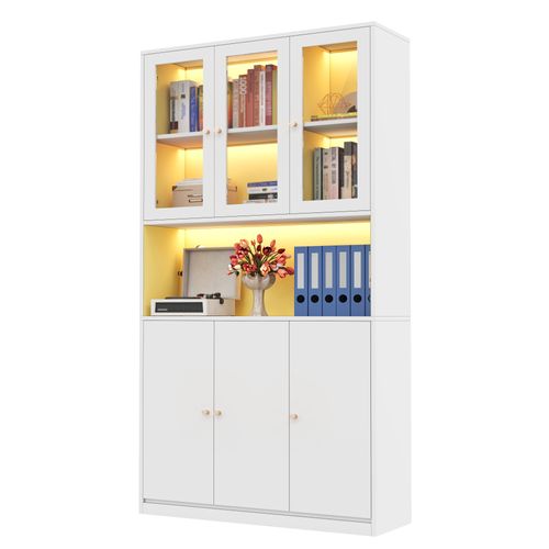 Vitrine Bibliothèque En Verre LED Et 6 Portes, Blanc 100x35x200 Cm