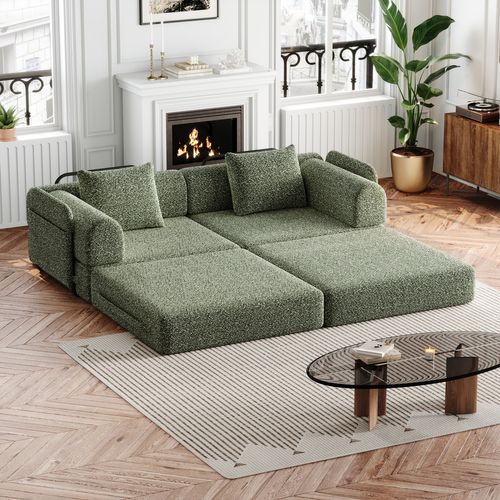 Canapé Convertible 2 Place Modulable Tissu Chenille Vert Avec Rangement Accoudoir, Cadres Métal