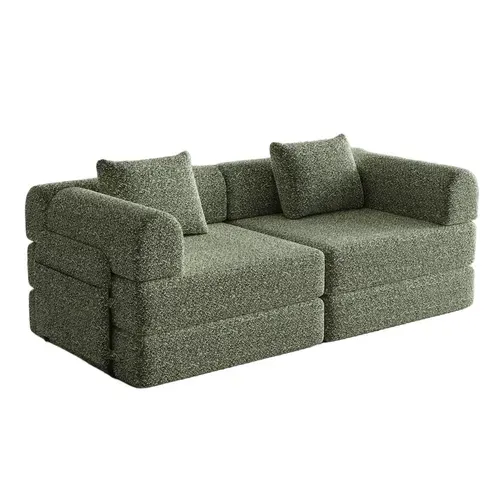 Canapé Convertible 2 Place Modulable Tissu Chenille Vert Avec Rangement Accoudoir, Cadres Métal