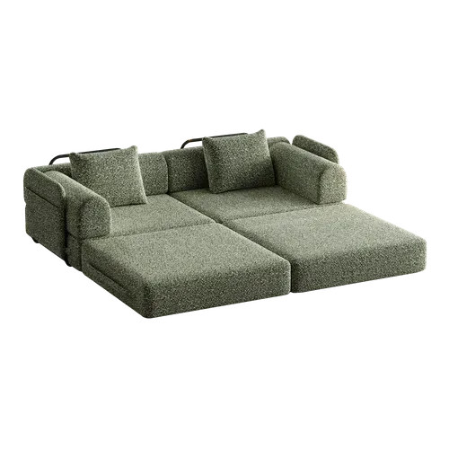 Canapé Convertible 2 Place Modulable Tissu Chenille Vert Avec Rangement Accoudoir, Cadres Métal