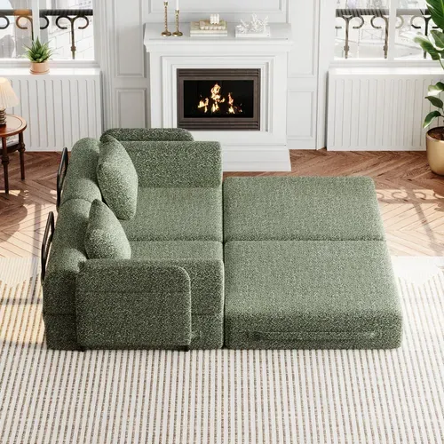 Canapé Convertible 2 Place Modulable Tissu Chenille Vert Avec Rangement Accoudoir, Cadres Métal