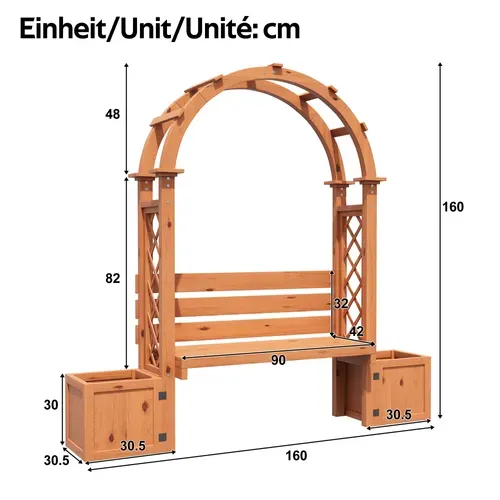 Banc Pergola De Jardin 160x30.5x160 Cm Bois Naturel Avec 2 Jardinières Et Treillis Arqué