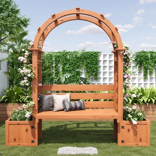 Banc Pergola De Jardin 160x30.5x160 Cm Bois Naturel Avec 2 Jardinières Et Treillis Arqué