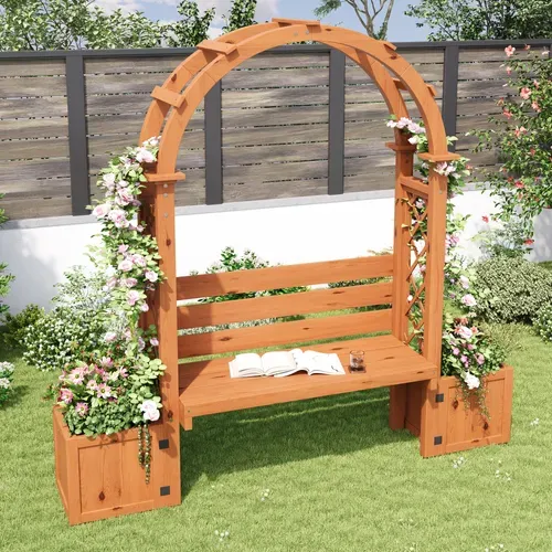 Banc Pergola De Jardin 160x30.5x160 Cm Bois Naturel Avec 2 Jardinières Et Treillis Arqué