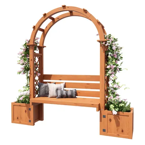 Banc Pergola De Jardin 160x30.5x160 Cm Bois Naturel Avec 2 Jardinières Et Treillis Arqué