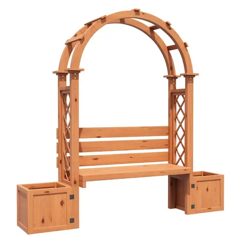 Banc Pergola De Jardin 160x30.5x160 Cm Bois Naturel Avec 2 Jardinières Et Treillis Arqué
