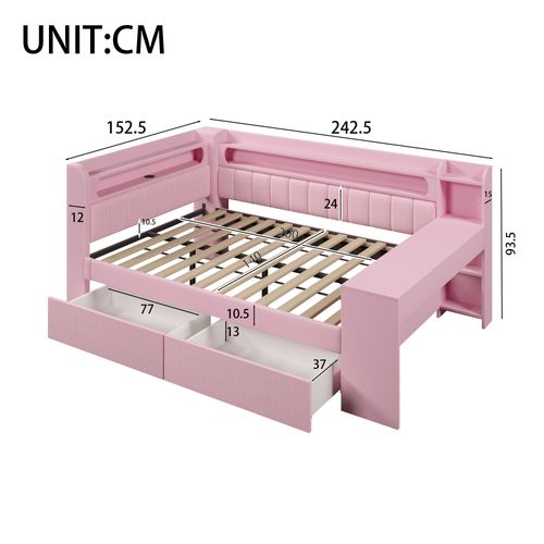 Lit Adulte 140x200 Cm Avec Bureau, étagères, Ports USB, LED Et 2 Tiroirs, En Lin Rose