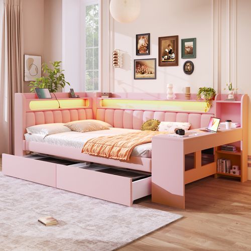 Lit Adulte 140x200 Cm Avec Bureau, étagères, Ports USB, LED Et 2 Tiroirs, En Lin Rose