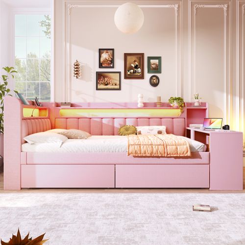 Lit Adulte 140x200 Cm Avec Bureau, étagères, Ports USB, LED Et 2 Tiroirs, En Lin Rose
