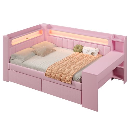 Lit Adulte 140x200 Cm Avec Bureau, étagères, Ports USB, LED Et 2 Tiroirs, En Lin Rose